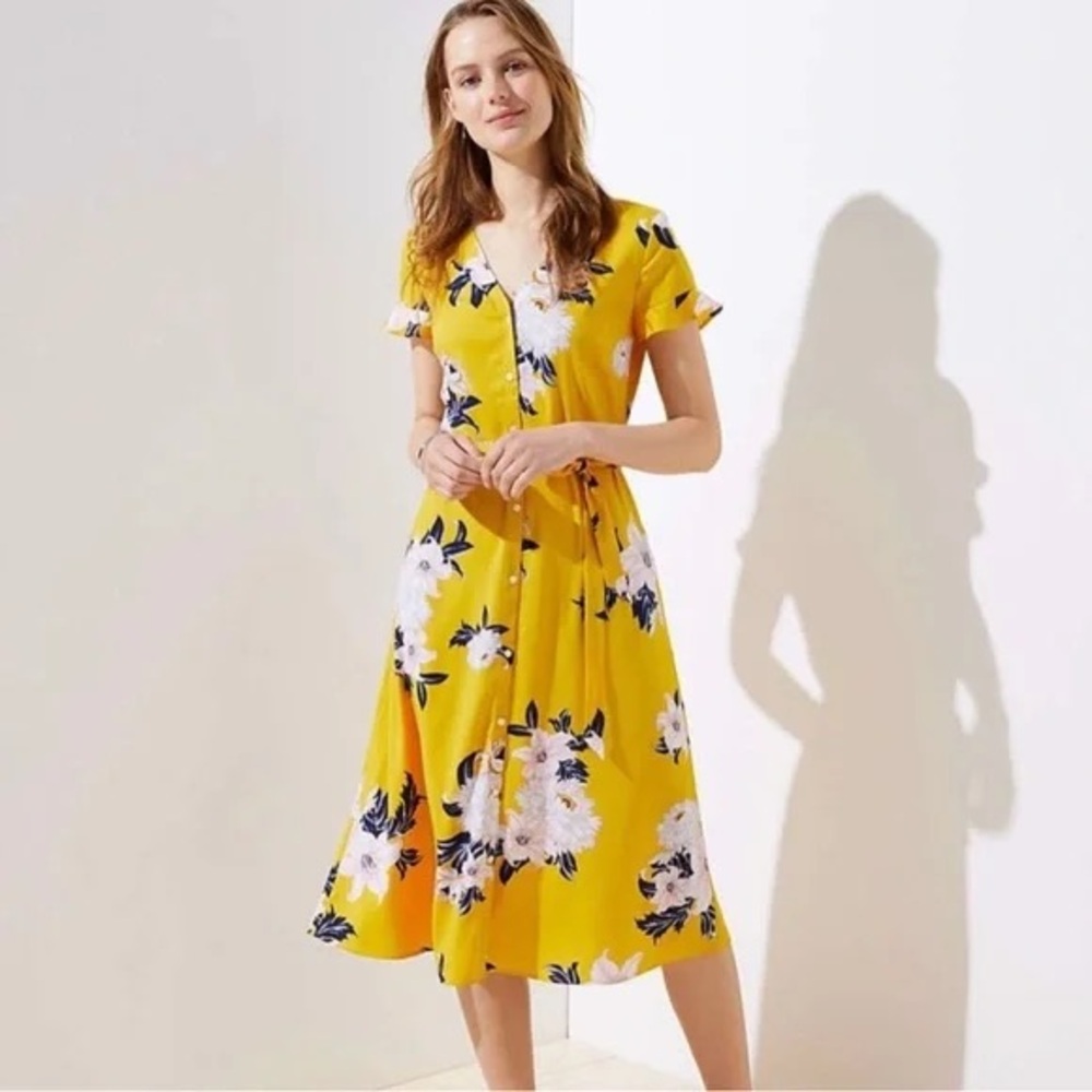 LOFT Bouquet Flutter Yellow Floral Button Down Dress